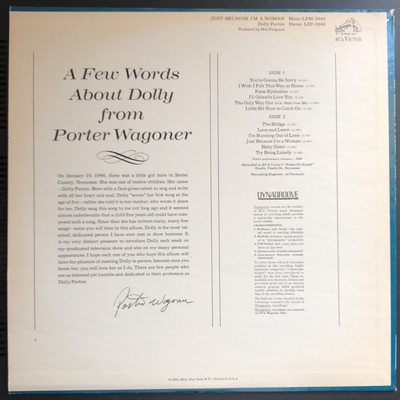 Dolly Parton Just Because I'm A Woman Vinyl Lp '68 - Picture 4 of 9